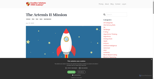 Security scan screenshot of https://stem.excalibur-solutions.com/blog/the-artemis-ii-mission
