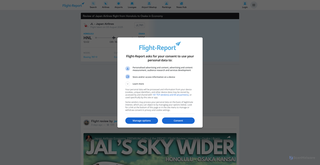 Security scan screenshot of https://flight-report.com/en/report/74931/japan-airlines-jl791-honolulu-hnl-osaka-kix/