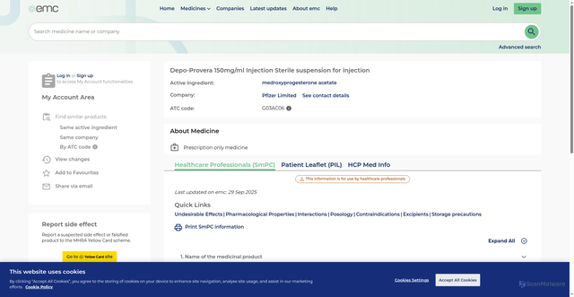 Security scan screenshot of https://www.medicines.org.uk/emc/product/6721/smpc