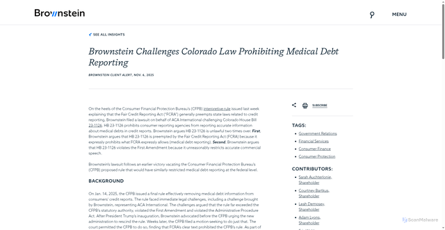 Security scan screenshot of https://www.bhfs.com/insight/brownstein-challenges-colorado-law-prohibiting-medical-debt-reporting/