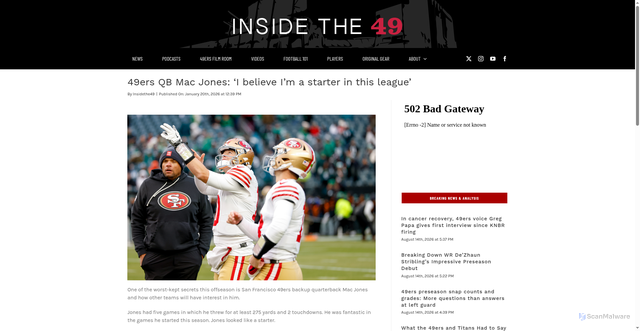 Security scan screenshot of https://insidethe49.com/news/49ers-qb-mac-jones-i-believe-im-a-starter-in-this-league/