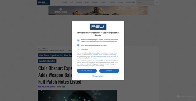 Security scan screenshot of https://www.psu.com/news/clair-obscur-expedition-33-update-1-2-3-adds-weapon-balancing-full-patch-notes-listed/