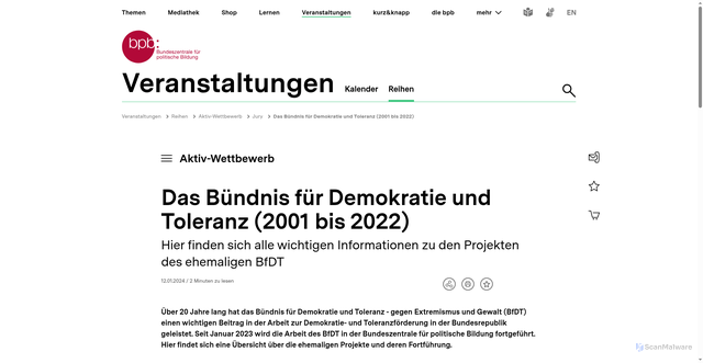 Security scan screenshot of https://www.bpb.de/veranstaltungen/reihen/aktiv-wettbewerb/544485/das-buendnis-fuer-demokratie-und-toleranz-2001-bis-2022/