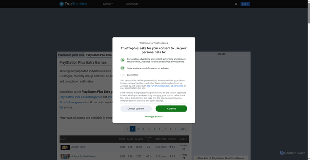 Security scan screenshot of https://www.truetrophies.com/playstation-plus-extra/games