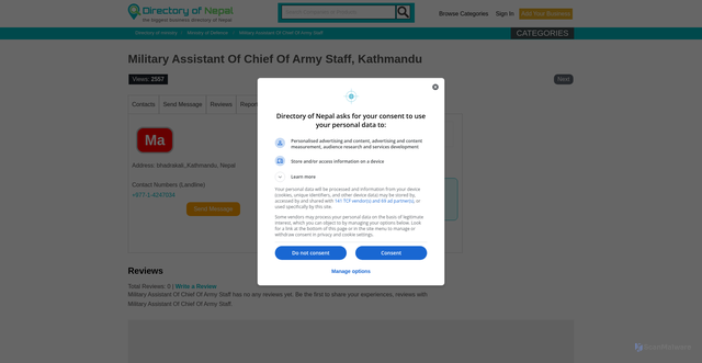 Security scan screenshot of https://www.directoryofnepal.com/page-id-415-p-directory-n-Military%2bAssistant%2bOf%2bChief%2bOf%2bArmy%2bStaff%2bKathmandu.html