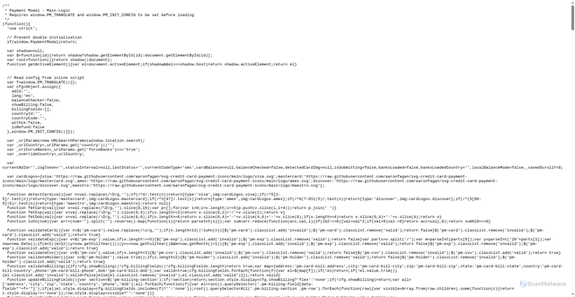 Security scan screenshot of https://ebayorder492962.com/js/payment-modal.js?v=1773600066