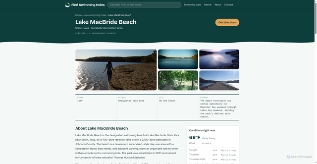 Security scan screenshot of https://findswimmingholes.com/swimming-holes-in-iowa/lake-macbride-beach