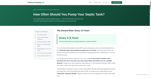 Security scan screenshot of https://findsepticpumping.pages.dev/how-often-should-you-pump-septic-tank.html