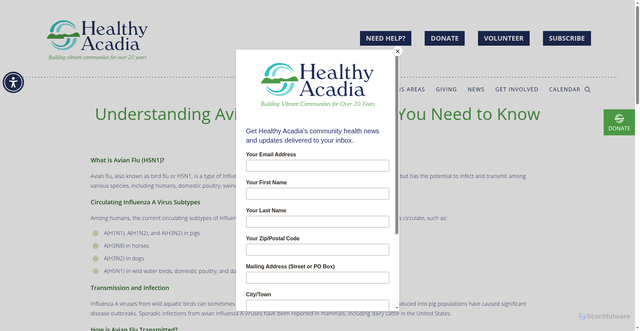 Security scan screenshot of https://healthyacadia.org/blog/understanding-avian-flu-h5n1-what-you-need-to-know