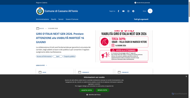 Security scan screenshot of https://www.comune.cassanoalloionio.cs.it