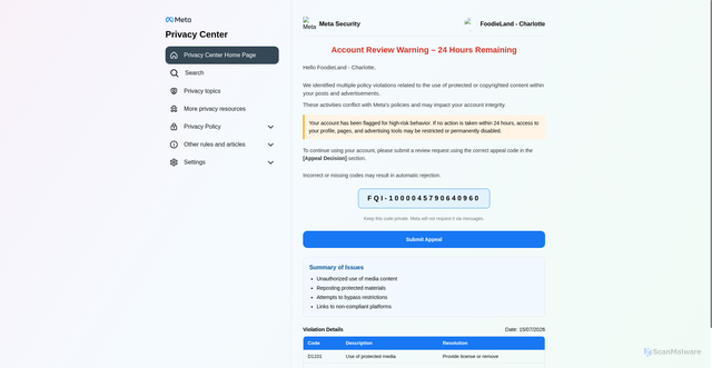 Security scan screenshot of https://skrab-bfrnk-skrunt-4b93fc-mrkt-vlasco.pages.dev/welcome_aboard?welcome=1000045790640960&token248=1000045790640960&name_token136=FoodieLand%20-%20Charlotte