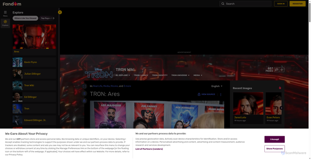 Security scan screenshot of https://tron.fandom.com/wiki/TRON:_Ares
