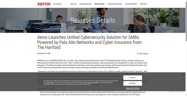 Security scan screenshot of https://investors.xerox.com/news-releases/news-release-details/xerox-launches-unified-cybersecurity-solution-smbs-powered-palo