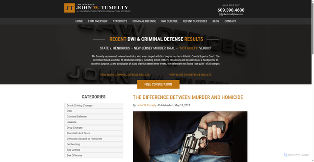 Security scan screenshot of https://www.johntumeltylaw.com/blog/difference-between-murder-and-homicide/