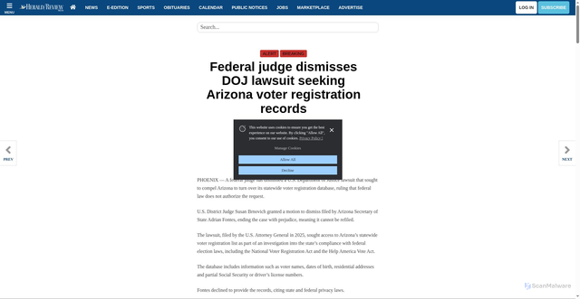 Security scan screenshot of https://www.myheraldreview.com/news/state/federal-judge-dismisses-doj-lawsuit-seeking-arizona-voter-registration-records/article_28919e56-4093-4668-8506-fc2a38735c1b.html
