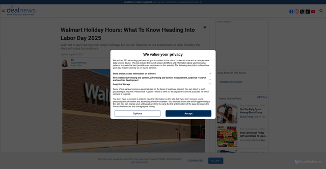 Security scan screenshot of https://www.dealnews.com/features/walmart/holiday-hours/
