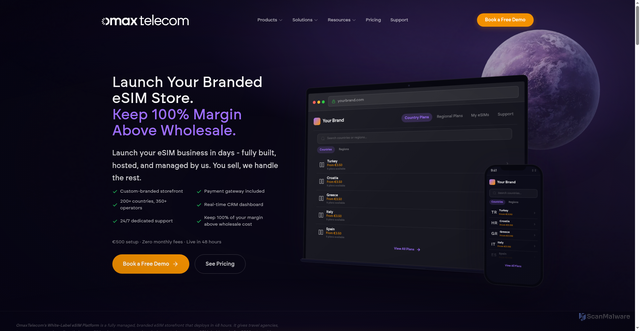 Security scan screenshot of https://omaxtelecom-web.pages.dev/products/whitelabel-esim/