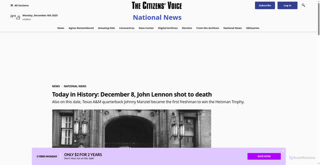 Security scan screenshot of https://www.citizensvoice.com/2025/12/08/today-in-history-december-8-john-lennon-shot-to-death-2/