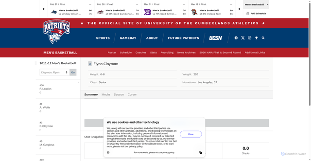 Security scan screenshot of https://cumberlandspatriots.com/sports/mens-basketball/roster/flynn-clayman/9651