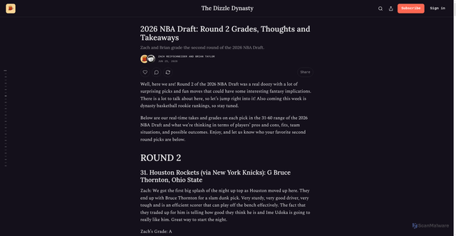 Security scan screenshot of https://dizzledynasty.substack.com/p/2026-nba-draft-round-2-grades-thoughts