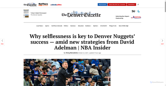Security scan screenshot of https://www.denvergazette.com/2025/10/22/why-selflessness-is-key-to-denver-nuggets-success-amid-new-strategies-from-david-adelman-nba-insider/