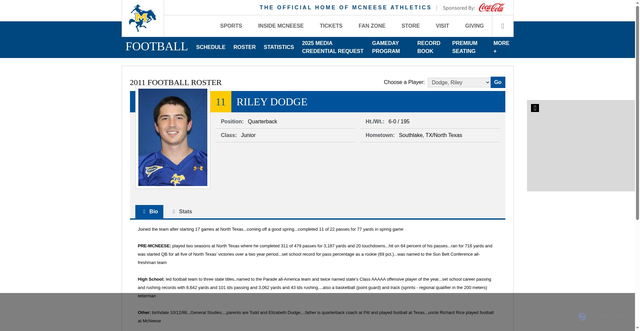 Security scan screenshot of https://mcneesesports.com/sports/football/roster/riley-dodge/1498
