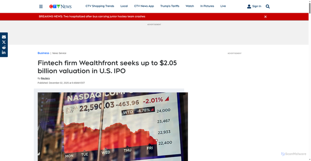 Security scan screenshot of https://guelph.ctvnews.ca/business/article/fintech-firm-wealthfront-seeks-up-to-205-billion-valuation-in-us-ipo/
