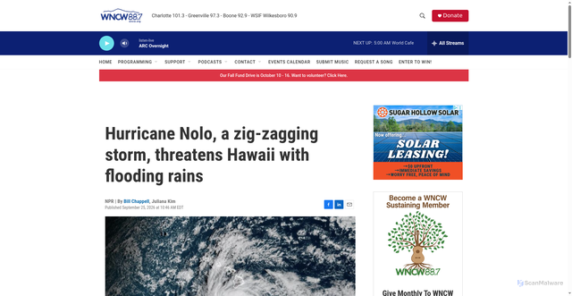 Security scan screenshot of https://www.wncw.org/2026-09-25/hurricane-nolo-a-zig-zagging-storm-threatens-hawaii-with-flooding-rain