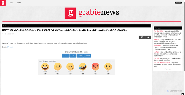 Security scan screenshot of https://news.grabien.com/thewire/how-to-watch-karol-g-perform-at-coachella-set-time-livestream-info-and