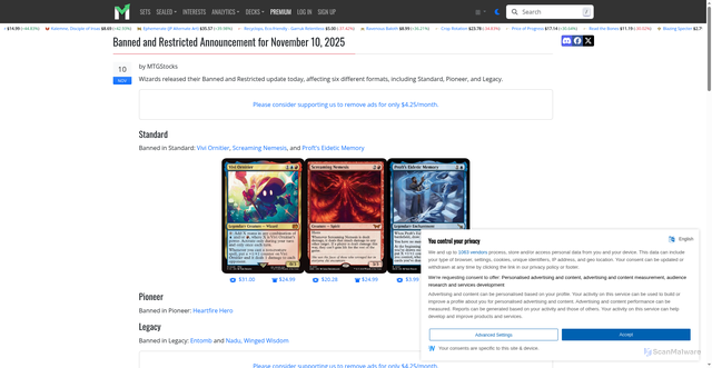 Security scan screenshot of https://www.mtgstocks.com/news/19838-banned-and-restricted-announcement-for-november-10-2025
