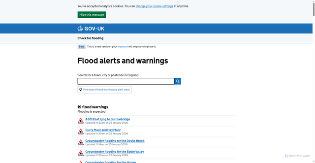 Security scan screenshot of https://check-for-flooding.service.gov.uk/alerts-and-warnings