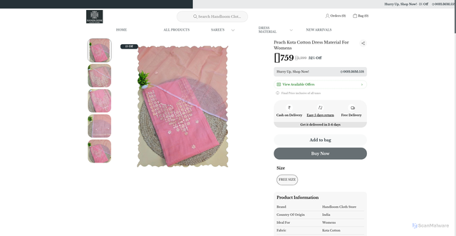 Security scan screenshot of https://handloomclothstore.com/Peach-Kota-Cotton-Dress-Material-For-Womens/catalogue/Shl8JIeF/4oSBDfaw