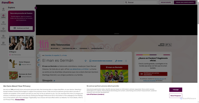 Security scan screenshot of https://telenovelas.fandom.com/es/wiki/El_man_es_Germ%C3%A1n
