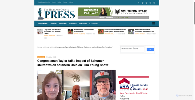 Security scan screenshot of https://highlandcountypress.com/opinions/congressman-taylor-talks-impact-schumer-shutdown-southern-ohio-tim-young-show