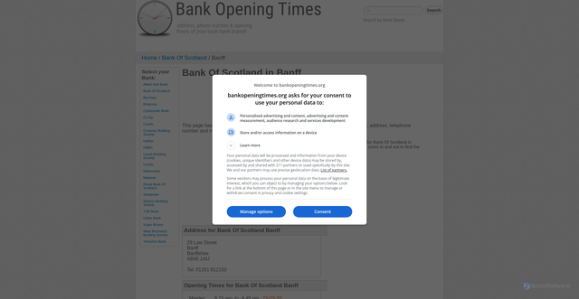 Security scan screenshot of https://bankopeningtimes.org/bank-of-scotland-branch-in-banff