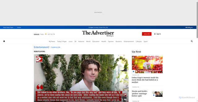 Security scan screenshot of https://www.adelaidenow.com.au/entertainment/celebrity-life/lukas-gages-memoir-made-his-mom-think-she-had-failed-as-a-mother/video/6fd559577368dc171a40d9f8a3bc20e5