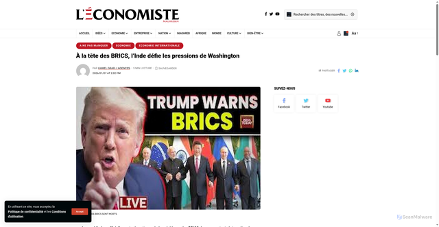 Security scan screenshot of https://www.leconomistemaghrebin.com/2026/01/07/a-la-tete-des-brics-linde-defie-les-pressions-de-washington/