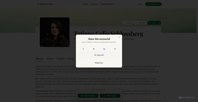 Security scan screenshot of https://memoritree.com/memorial/tatiana-celia-schlossberg