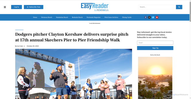 Security scan screenshot of https://easyreadernews.com/dodgers-pitcher-clayton-kershaw-delivers-surprise-pitch-at-17th-annual-skechers-pier-to-pier-friendship-walk/