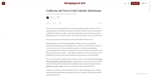 Security scan screenshot of https://saint.substack.com/p/guillermo-del-toros-goth-catholic