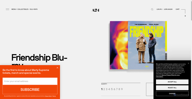 Security scan screenshot of https://shop.a24films.com/products/friendship-blu-ray?srsltid=AfmBOoo34pxXSjDFnXAGJT2QHI8gbCkNC-B1u-dl-brd33mTZ2wP6OsB