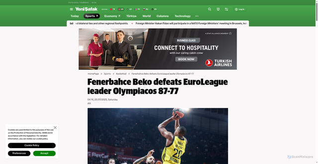 Security scan screenshot of https://en.yenisafak.com/sports/fenerbahce-beko-defeats-euroleague-leader-olympiacos-87-77-3697623