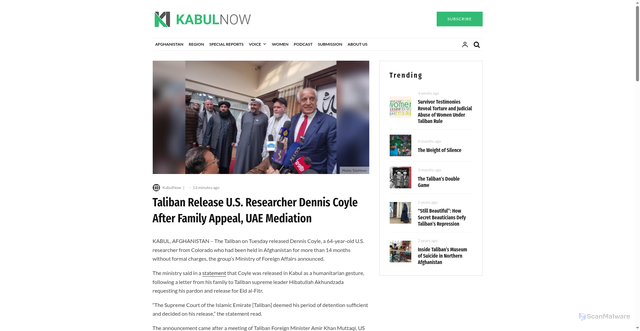 Security scan screenshot of https://kabulnow.com/2026/03/taliban-release-u-s-researcher-dennis-coyle-after-family-appeal-uae-mediation/