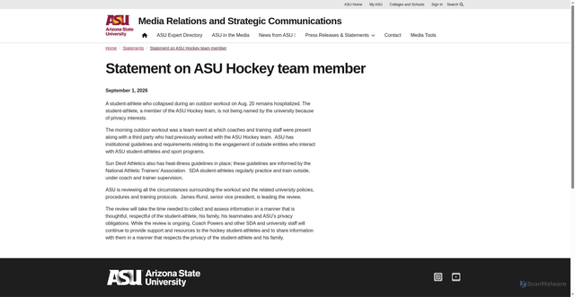 Security scan screenshot of https://newsroom.asu.edu/statements/asu-hockey-team-member