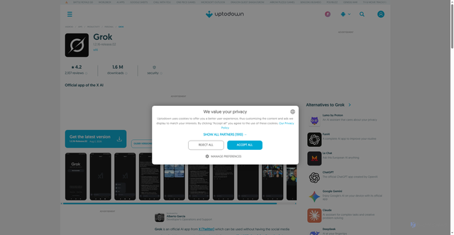 Security scan screenshot of https://grok.en.uptodown.com/android