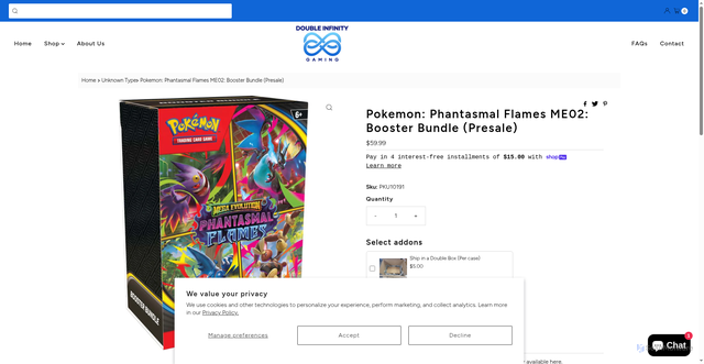 Security scan screenshot of https://doubleinfinitygaming.com/products/pokemon-phantasmal-flames-me02-booster-bundle-presale?srsltid=AfmBOoph44gq7K8rI0Q9EcHJbVRJflLBvLItg7r2ghxxHzSCUk2Csir4