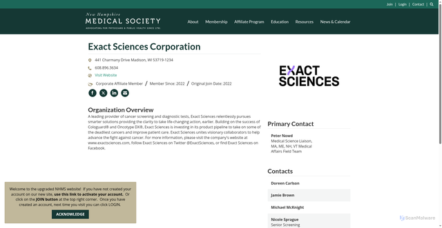 Security scan screenshot of https://www.nhms.org/sponsors/exact-sciences