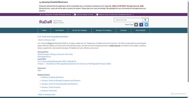 Security scan screenshot of https://registries.ncats.nih.gov/glossary/u-s-food-and-drug-administration/