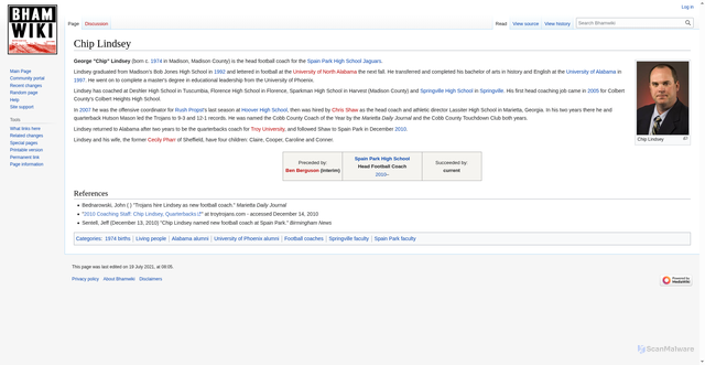 Security scan screenshot of https://www.bhamwiki.com/w/Chip_Lindsey