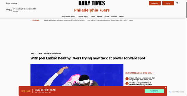 Security scan screenshot of https://www.delcotimes.com/2025/10/20/with-joel-embiid-healthy-76ers-trying-new-tack-at-power-forward-spot/